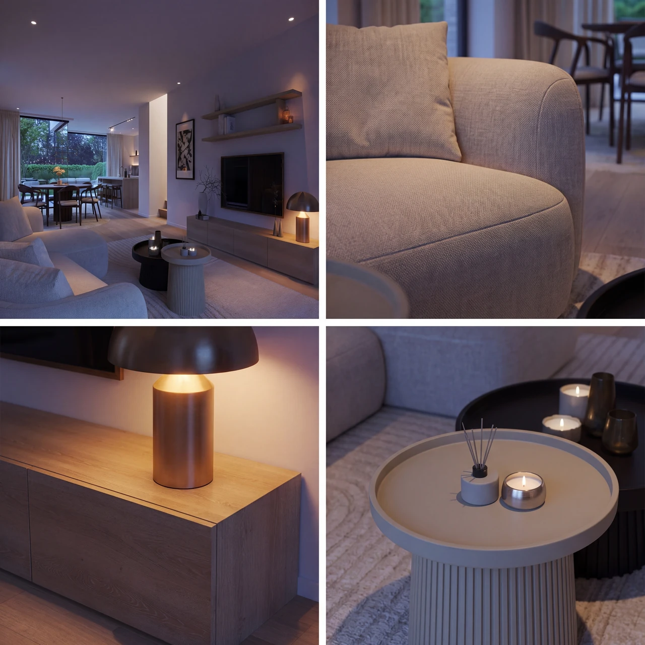 Grid of four material variants of the same render