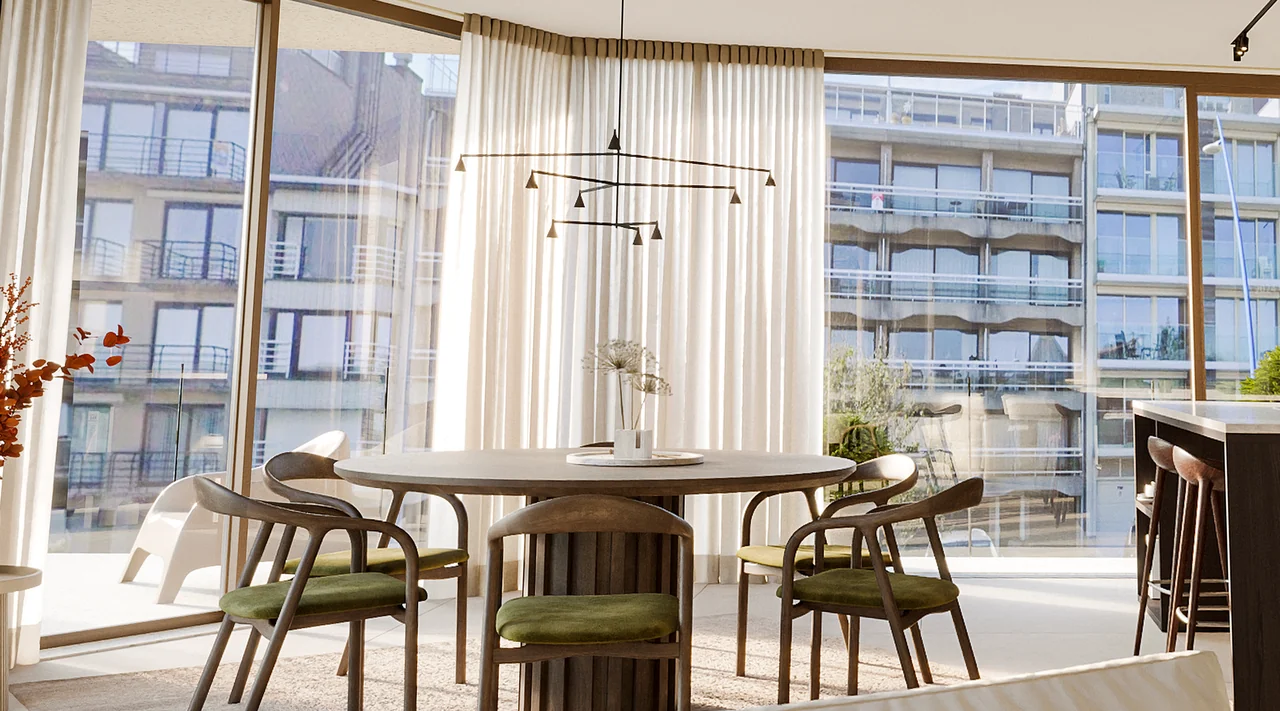 The dining corner of a living room, as rendered