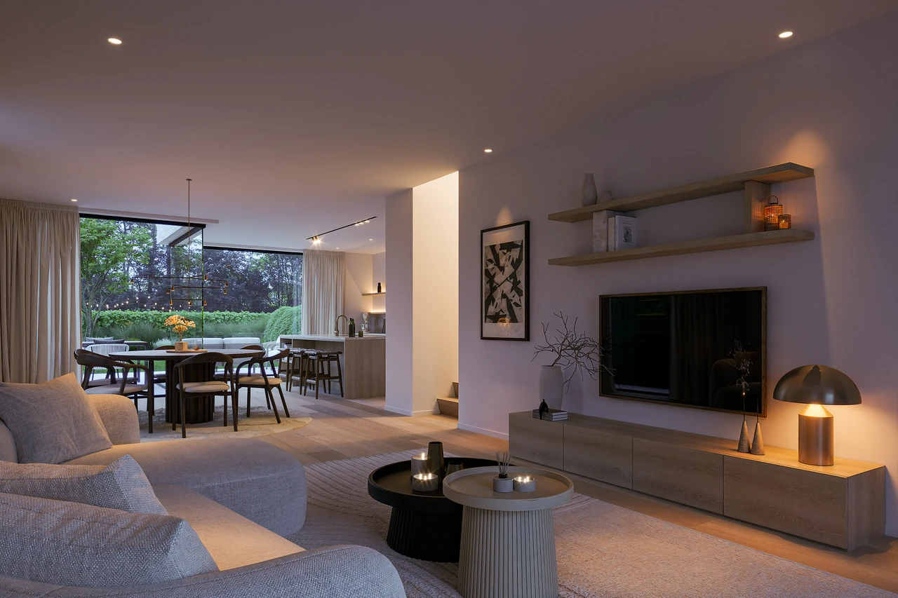 Interior render after batch grading with a warm evening look