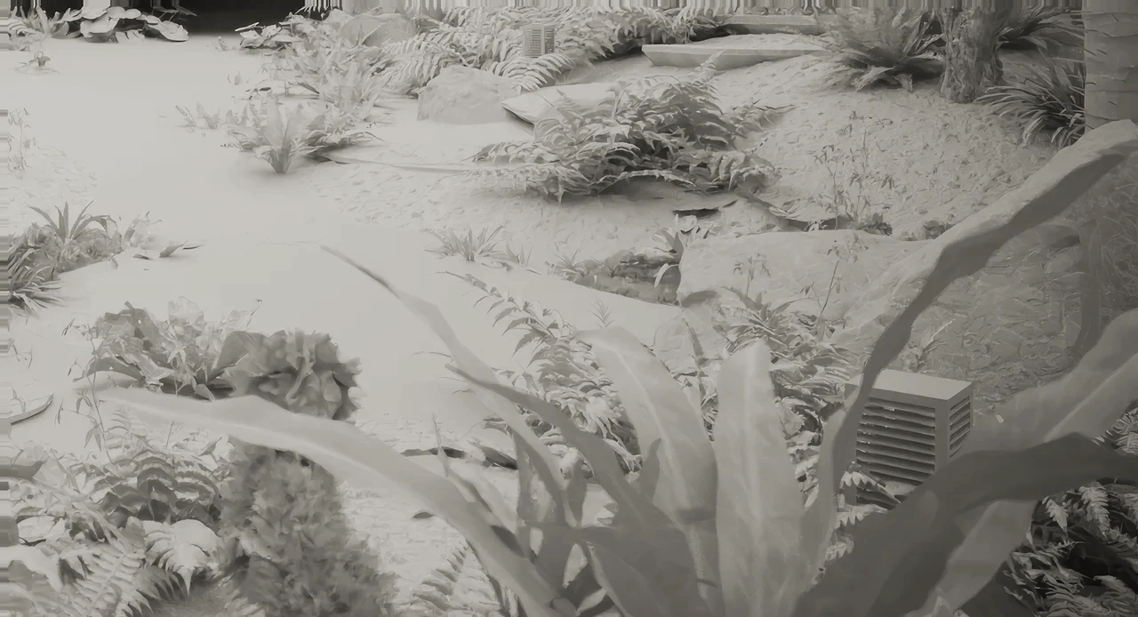 Clay render of a garden: shape and light, no materials yet