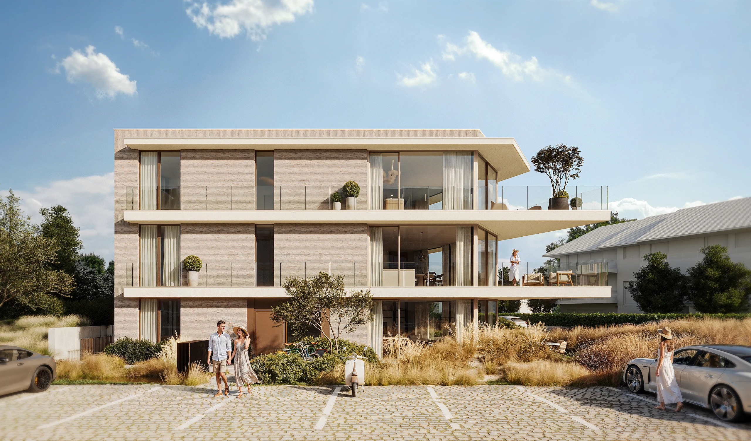 Facade render of a house, used as the start of mood frames and a film