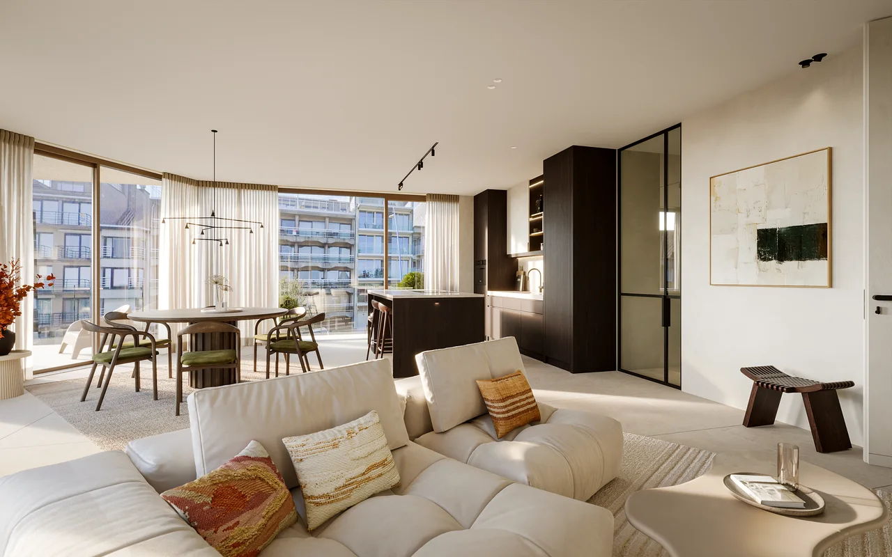 Render of an empty living room with large windows