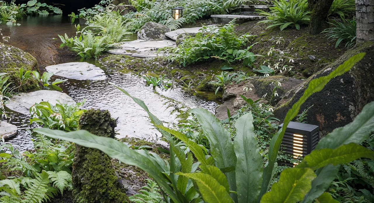 Photorealistic render of a garden with stepping stones in the lawn, borders and a terrace, made by BOHAUS